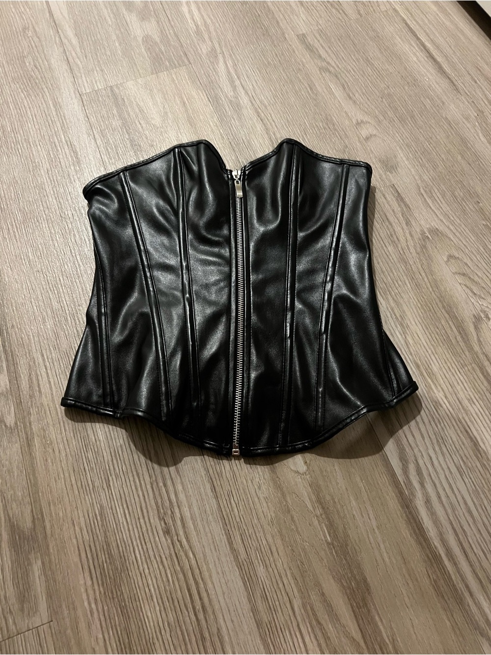 Black Faux Leather Corset Top with Front Zip